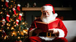 © AnyPic289 - A joyful Santa Claus reads a book by the Christmas tree, surrounded by festive decorations and stockings, embodying the warmth of the holiday season.