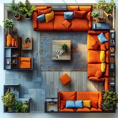 Poster - 3d top view of vibrant eclectic family room with colorful furniture pieces and a detailed floor plan shown on an isolated white background emphasizing the rooms eclectic style