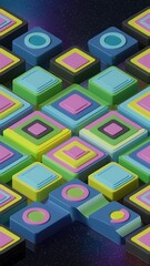 Poster - Exploring a vibrant retro pattern landscape with bold geometric shapes and colorful dimensions in a cosmic setting