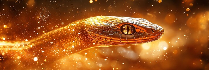 Aufkleber - A sleek abstract snake in gold tones subtly placed with delicate festive fireworks and modern typography 2025 Stock Photo with side copy space