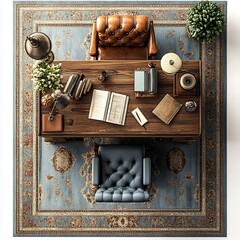 Poster - 3d render of a vintage home office featuring an antique wooden desk a plush classic chair retro lighting and timeless dcor top view floor plan isolated on white background