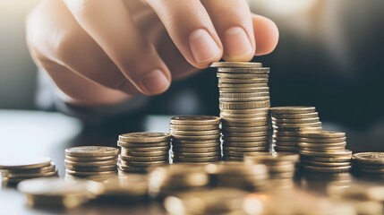 Close-up of a hand stacking coins, symbolizing savings and financial growth.