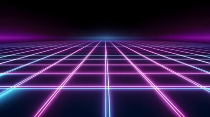 Poster - Futuristic neon grid with glowing pink and blue lines in a digital landscape.