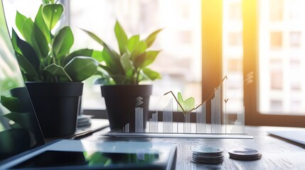 Poster - A graph of stock growth sits on a desk with house plants and a laptop in the background.