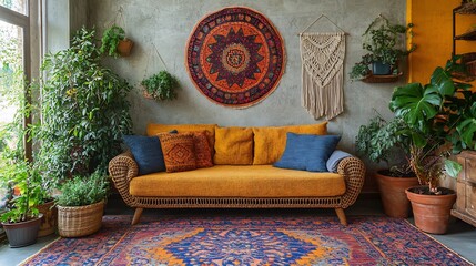 Poster - Bohemianinspired living room with a rattan sofa macram wall hangings and a vibrant patterned rug The space is filled with houseplants and colorful throws for a relaxed eclectic feel