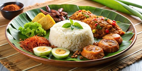 Traditional Malaysian meal of nasi dagang with a forced perspective