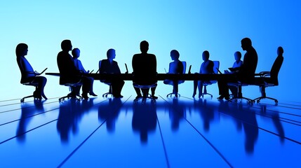 Poster - Silhouettes of a group of people sitting at a conference table.