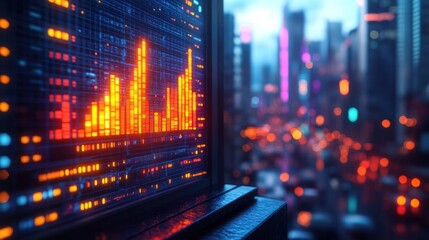 A futuristic city skyline with a digital display showing an upward trend line in orange against a blue and purple background.