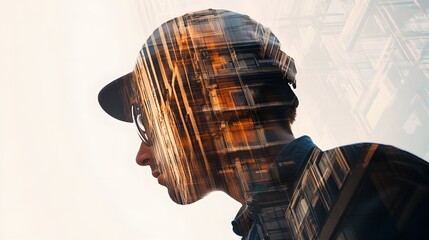 Sticker - Silhouette of a man with a hat, glasses, and a cityscape overlayed.