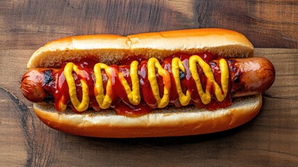 Top view of a grilled hot dog with sausage topped with yellow mustard and ketchup Classic fast food option