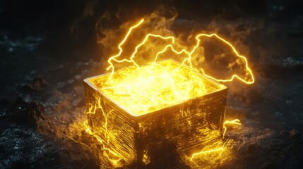Poster - Yellow lightning encircles a glowing treasure chest, representing the excitement and value of a precious discovery in a dark setting.