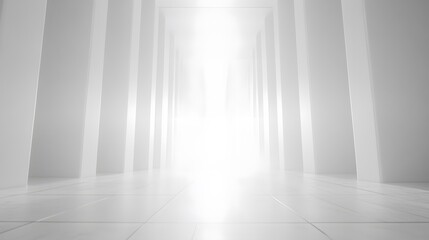 A futuristic white hallway with a glowing light at the end,white hallway with a bright light at the end,Empty white futuristic corridor with a glowing light in the distance