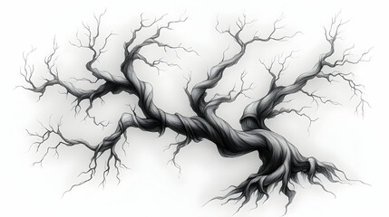 A detailed illustration of a gnarled, bare tree branch with intricate detail and a soft, ethereal background.