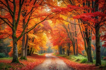 Tranquil autumn forest with red and orange trees, serene pathway with sunlight perfect for wall art and seasonal decor