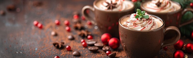 Cups of coffee with whipped cream and chocolate, drink background, banner, copy space