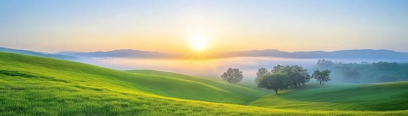 Green hillside at dawn with sun rays piercing through a morning mist, creating a serene scene, Impressionist, Soft Brushstrokes