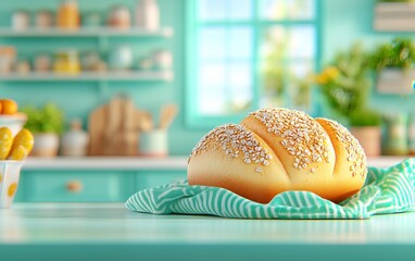 A freshly baked loaf of bread is resting on a wooden cutting board