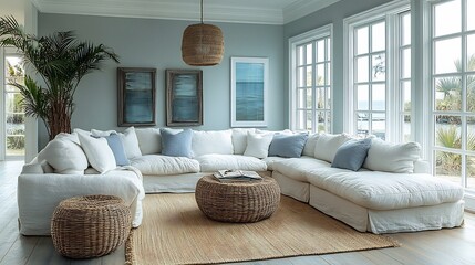 Poster - Bright coastalstyle living room with whitewashed wooden floors a light beige sofa and wicker furniture The space is adorned with seainspired decor and light blue accents