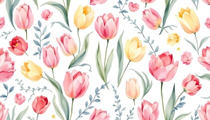 Wall Mural - Watercolor floral pattern tile featuring flowers tulips and leaves. Spring season on warm tone watercolor background. Floral and botanical wallpaper with blooms, wild flowers in watercolor texture. 