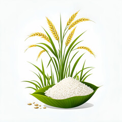 Illustration of White rice and paddy rice with rice plant.	