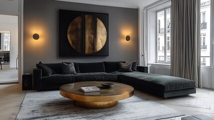 Fototapete - Chic modern living room with a dark green velvet sofa round brass coffee table and abstract blackandwhite art on the walls The space features minimalist lighting and a herringbone floor