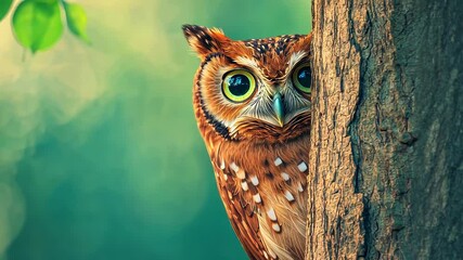 A curious owl peeks from behind a tree