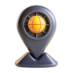 Poster - A 3D rendered gray location pin with a bright orange globe symbol in the center, isolated on a plain background, showcasing a modern icon design.