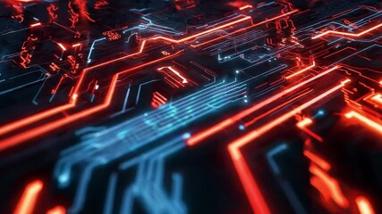 Poster - Vibrant close-up of a futuristic circuit board design illuminated by glowing red and blue lines