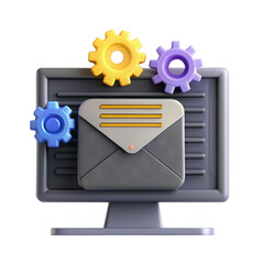 Aufkleber - A computer monitor displaying an envelope with gears, representing an email system integration. The design is vibrant and modern.