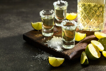 Wall Mural - Tequila with sea salt and lime slices on a old cutting board.