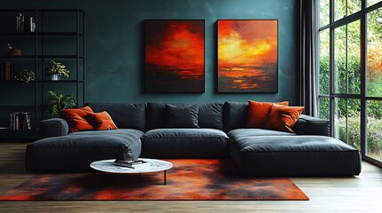 Poster - Contemporary living room with a sleek black sectional sofa a lowprofile marble coffee table abstract art on teal walls and industrial metal shelving soft natural light flowing in