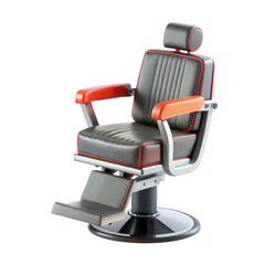 This is a modern barber chair featuring a sleek design with orange and gray upholstery. It provides comfort and style for clients in barbershops.