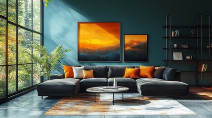 Poster - Contemporary living room with a sleek black sectional sofa a lowprofile marble coffee table abstract art on teal walls and industrial metal shelving soft natural light flowing in
