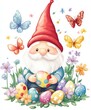 © Anastasiia - Colorful gnome with Easter eggs surrounded by flowers and butterflies in a cheerful spring setting