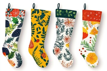 Wall Mural - Colorful Christmas stockings with festive patterns displayed on a white background for holiday decoration