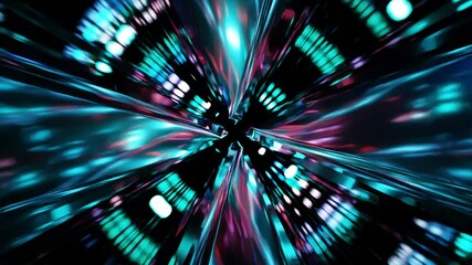Wall Mural - Abstract background 3D animation moving through shiny glass metal and neon lights tunnel, loop