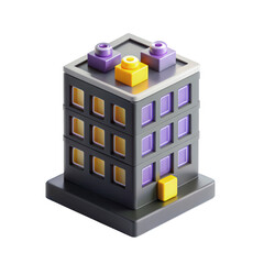Poster - This image features a colorful, three-dimensional model of a building designed with purple, yellow, and gray elements in an isolated setting.