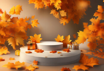 A white circular platform with a gray base sits in front of a plain beige backdrop.  Surrounding the platform is a collection of fall leaves and small wrapped gifts.