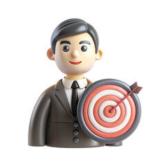 Poster - A cartoon-style man in a suit holds a target symbolizing goal achievement. The character is styled expressing determination and focus.