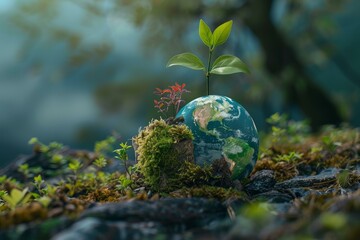 Plants growing on an earth globe symbolize the importance of environmental conservation