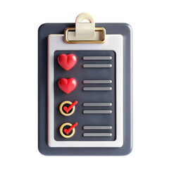 Poster - A colorful 3D rendered health checklist featuring red hearts and check marks against a dark clipboard background. Represents wellness and care.