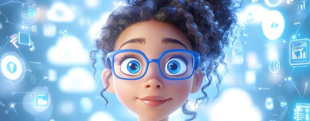 Poster - An illustration of Coco, an African American woman, with a cloud computing server for data storage and processing, a website and mobile app, a modern concept combining cloud computing and mobile