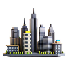Poster - A vibrant 3D render of a city skyline featuring diverse architectural designs, showcasing modern buildings and greenery in an isolated scene.