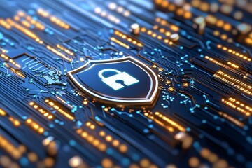 Poster - The concept of cybersecurity and data privacy protection, a lock, and binary digits in the background