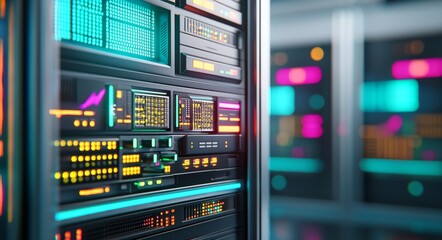Poster - In the server room of the data center, modern communication equipment with light from the display