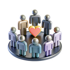 Poster - A group of stylized figures representing diversity gather around a heart symbol on a circular platform, highlighting unity and love among different cultures.