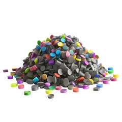 Poster - A vibrant heap of assorted colorful discs in various sizes and shapes, blending black and bright hues against a transparent background.