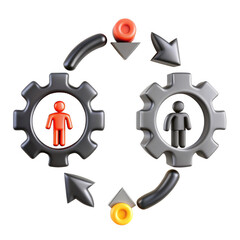Poster - A creative illustration showing gears with figures, symbolizing collaboration or interaction, rendered in a modern style.