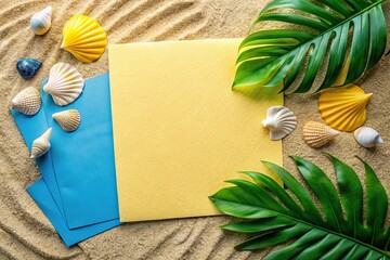 Tropical leaves and shells on sand background