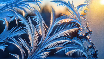 Poster - Intricate frost patterns on window glass captured at sunrise